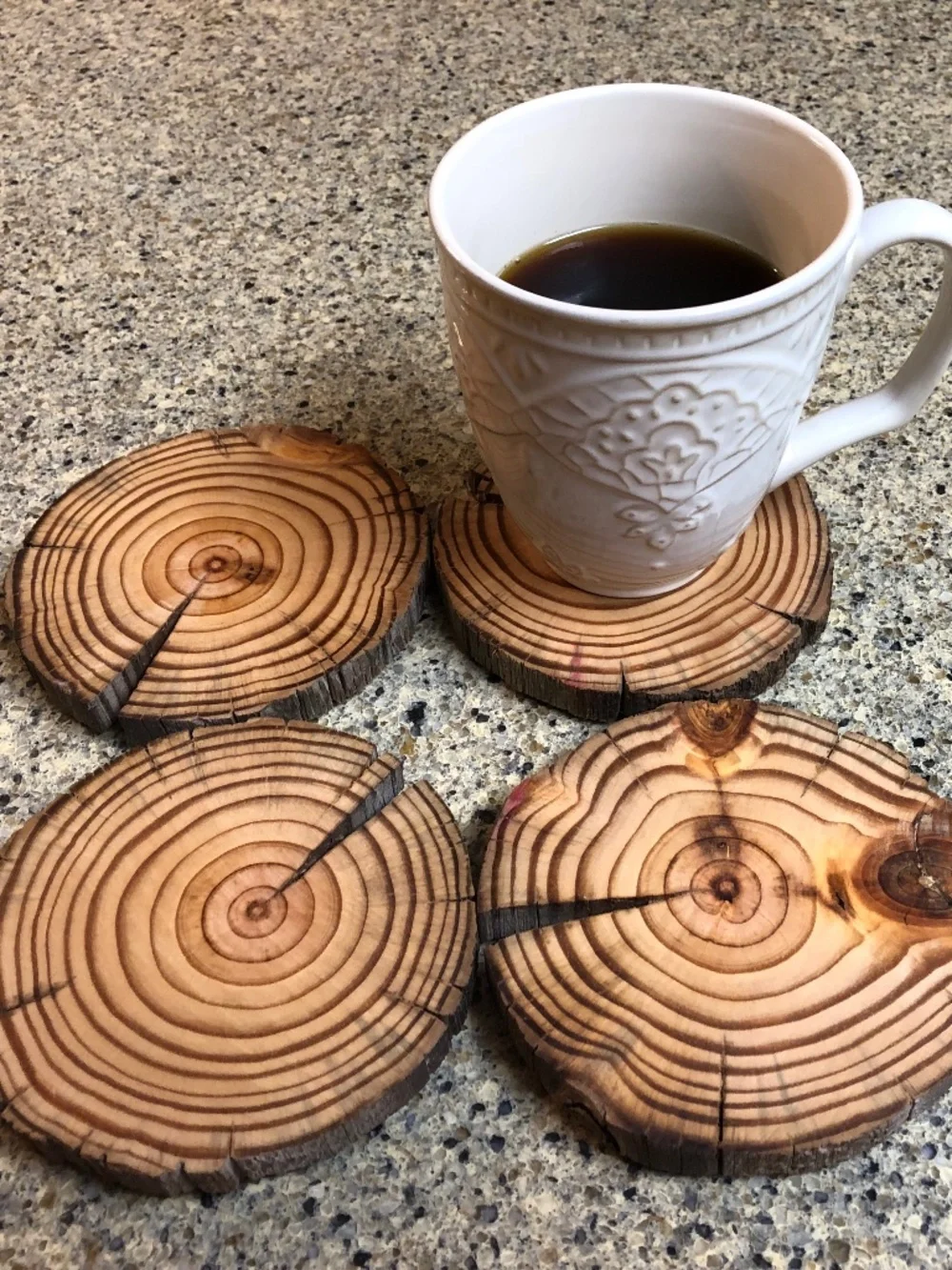 Rustic reclaimed wood coasters.